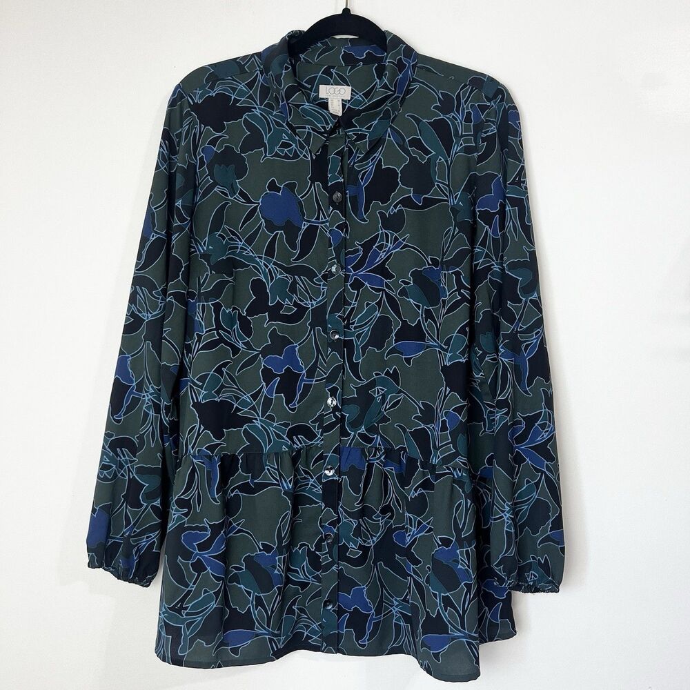 LOGO By Lori Goldstein Top Blouse Green Black Blue Floral Women’s M